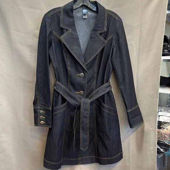 NWOT Bisou Bisou Denim Peacoat Dark Blue Denim w Yellow Stitch Size S - Picture 1 of 3